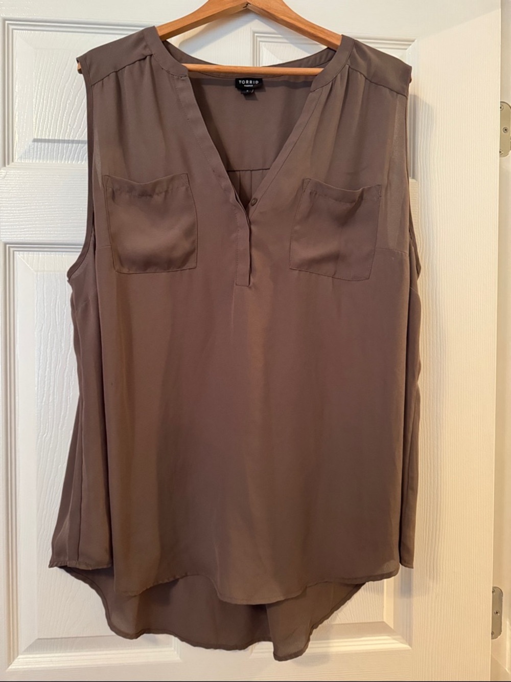 torrid Taupe Sleeveless V-Neck Button-Front Blouse with Pockets